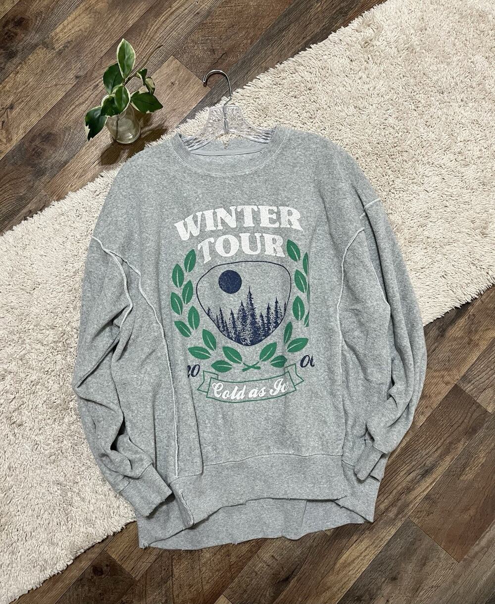 Aerie Size Small Oversized Gray Terry Cloth "Winter Tour" Distressed Sweatshirt